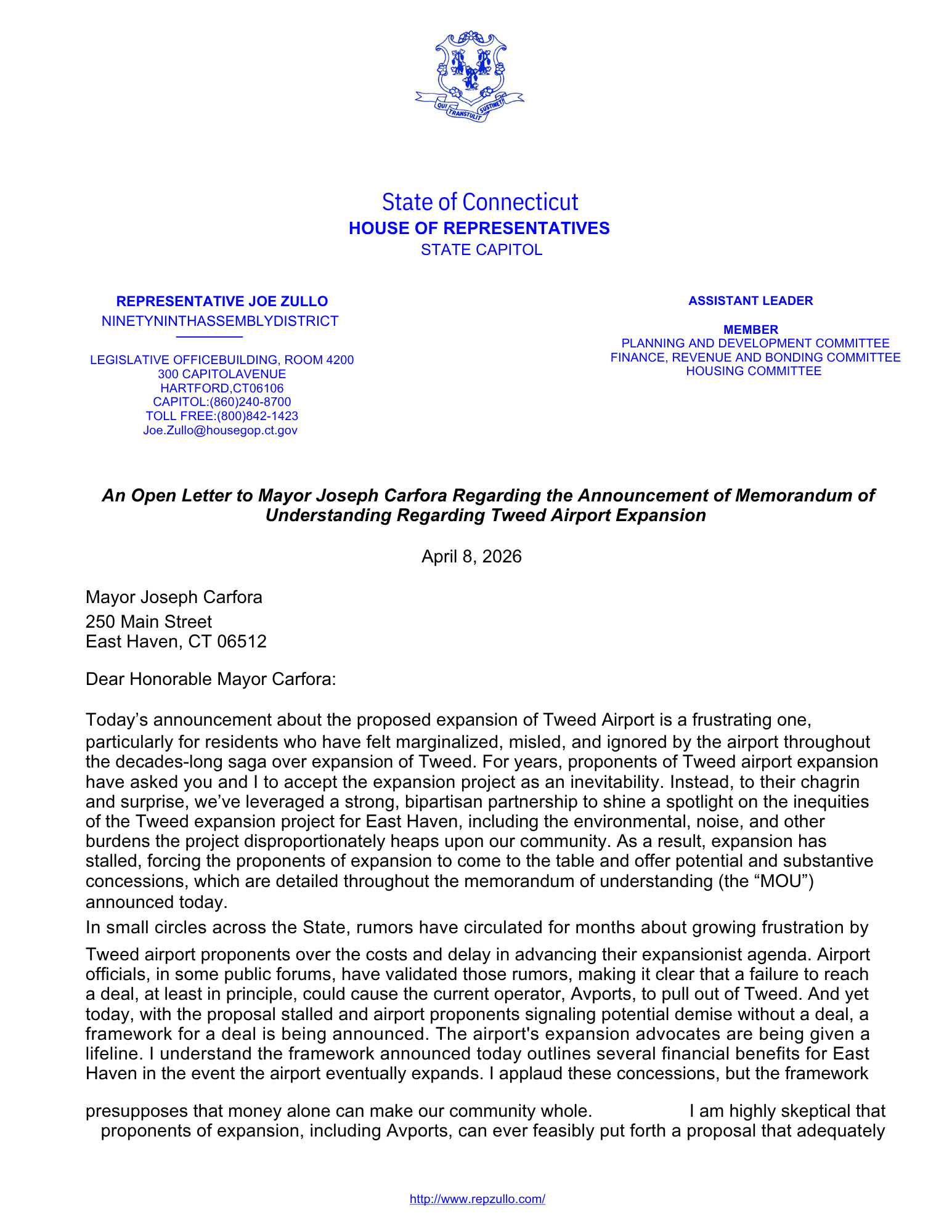 Letter from Rep. Zullo to the Mayor of New Haven regarding Tweed Airport development, Part 1.png